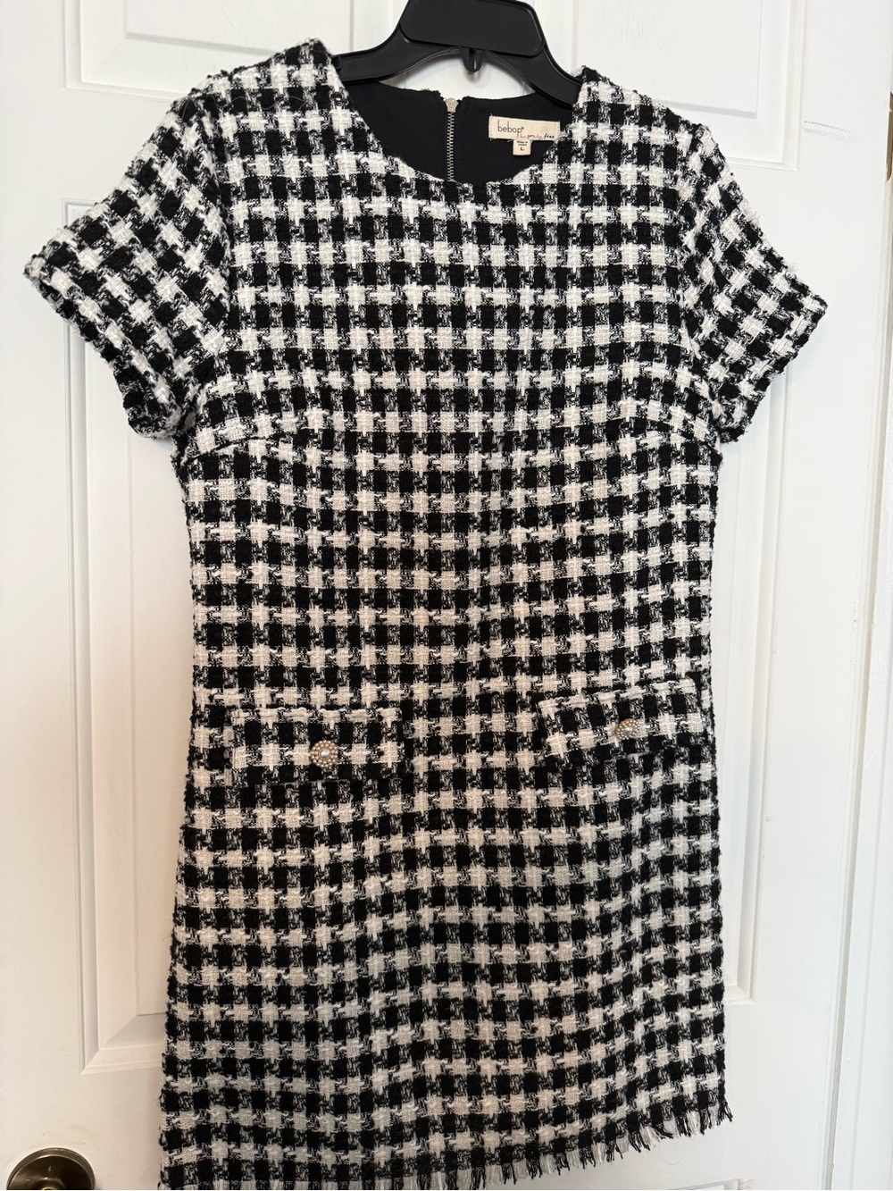 Bebop Black & White Gingham Plaid Knit Dress LARGE Fringe Pearl Buttons Classic
